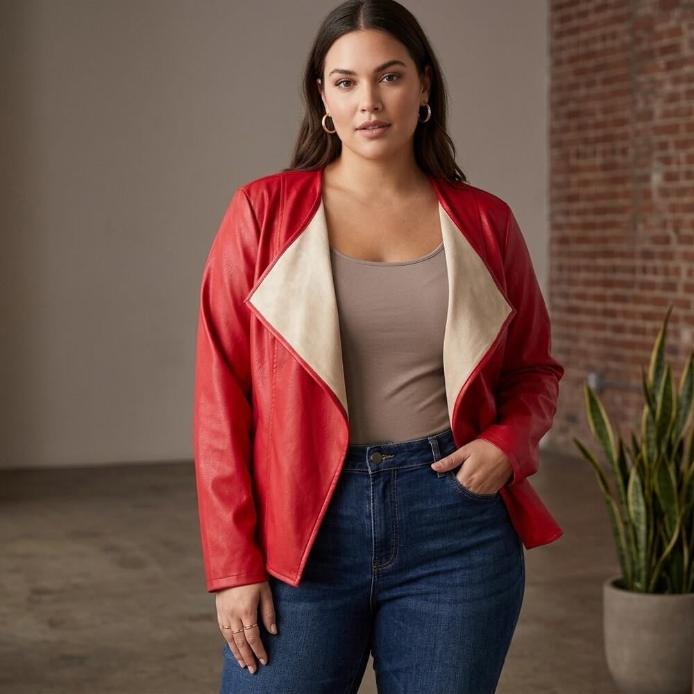 Torrid Faux Leather Jacket 3X Red Collarless Open Front Draped Edgy Moto Chic